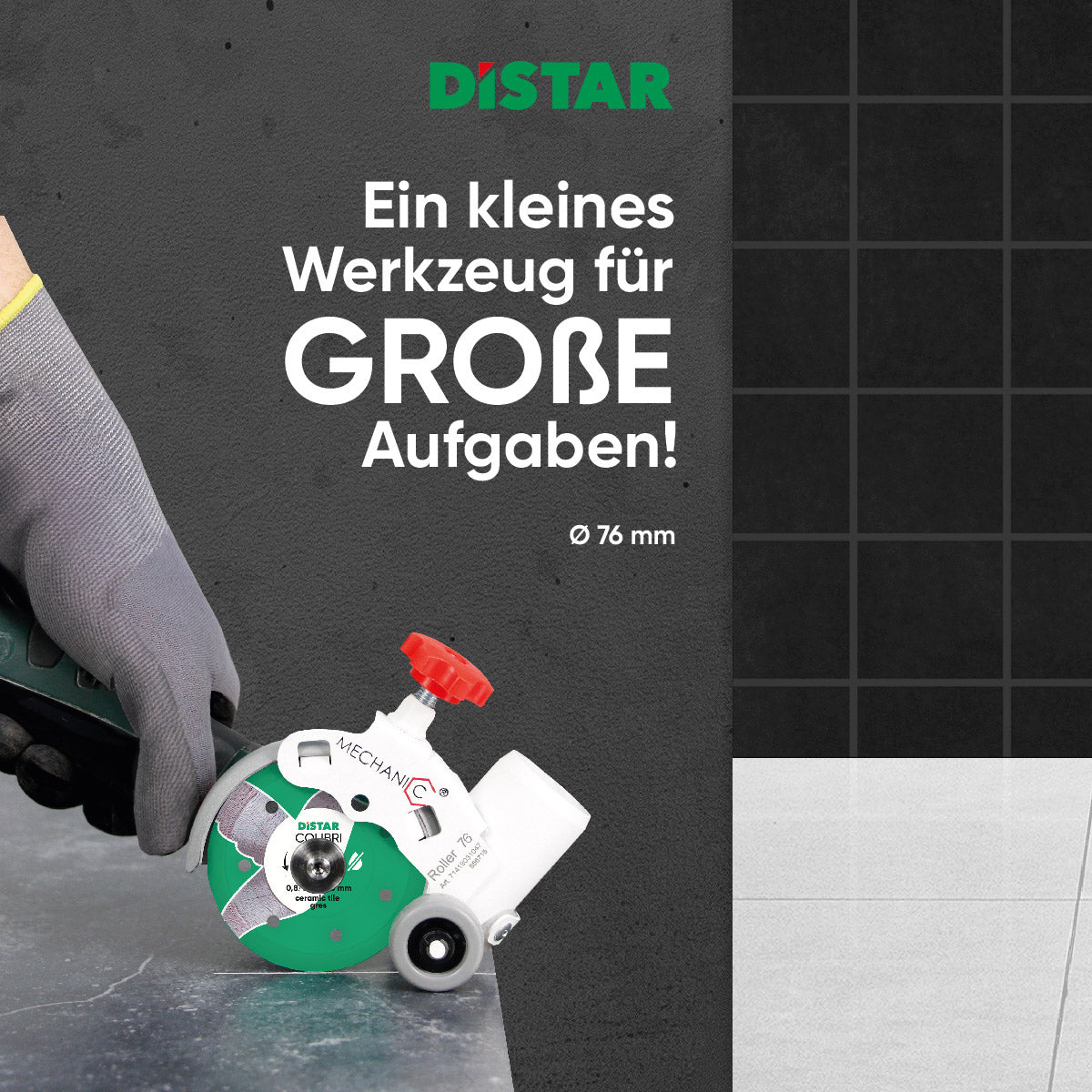 Mechanic Roller 76 – Präzisionsführung für Winkelschleifer Ø76 mm zum staubfreien Fliesenschneiden